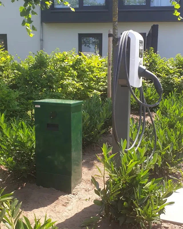 Laadpaal op een paal tussen de beplanting