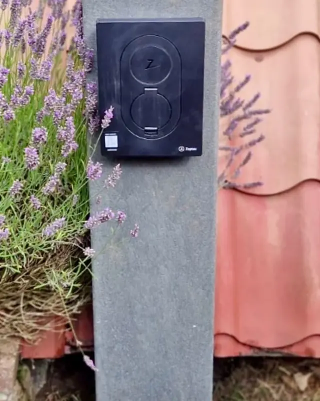 Laadpaal op een stenen zuil tussen de lavendel