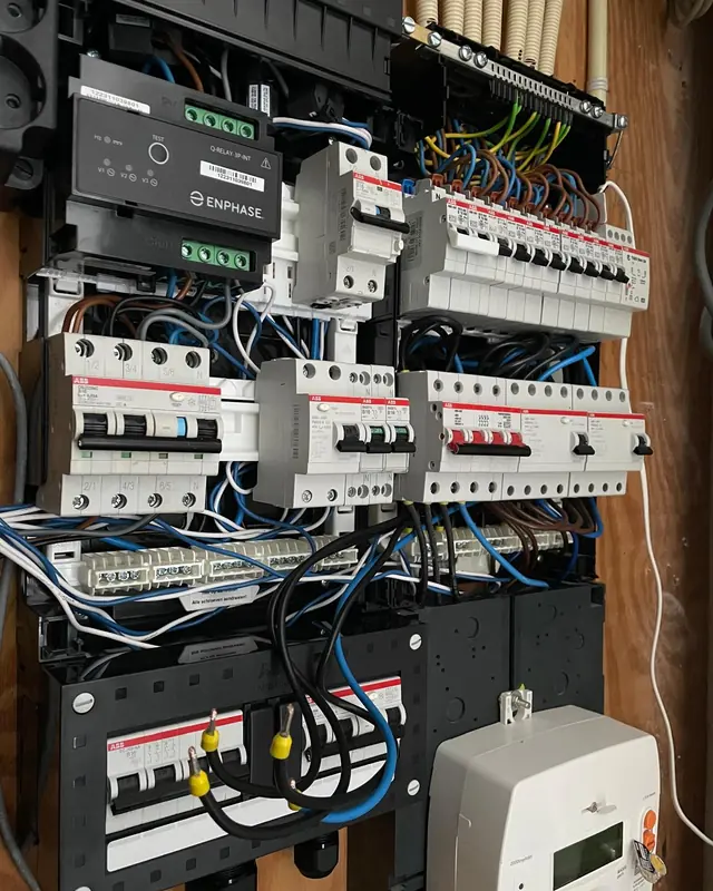 Groepenkast met aardlekautomaten en het relais van de zonnepanelen